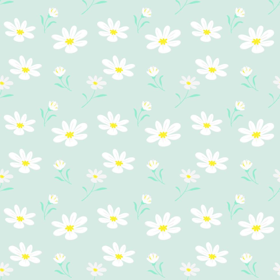 Seamless pattern of daisies on pastel green in flat style. vector