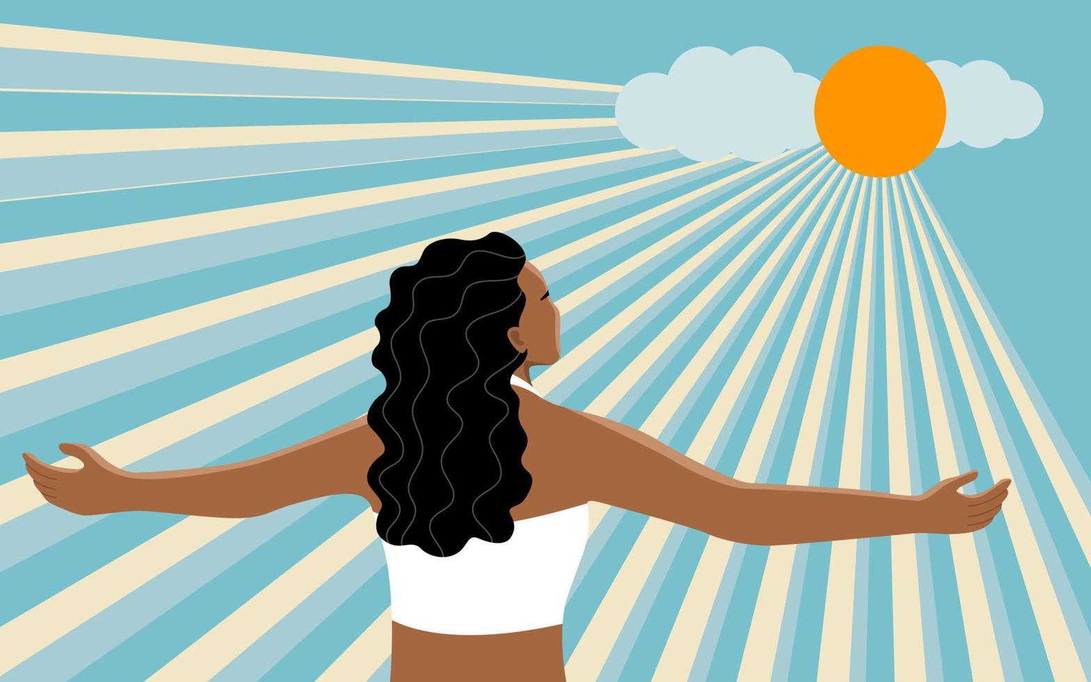 una mujer bronceada bajo la luz del sol para obtener más vitamina d del sol, concepto de vida saludable. ilustración vectorial plana. vector