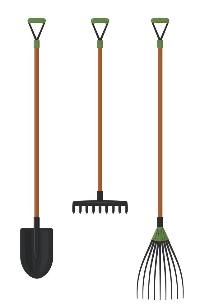 Large agricultural tool shovel, rake and pitchfork Gardening and horticultural tools. Vector icons set