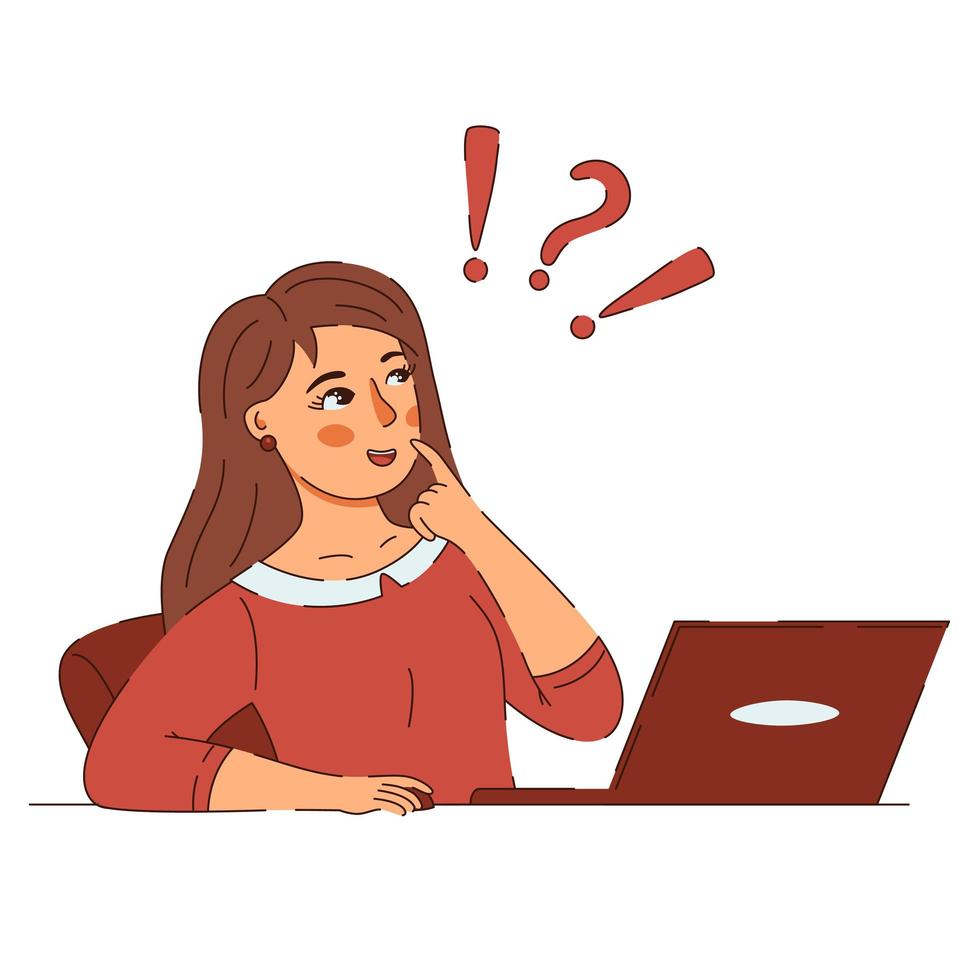 smiling woman sitting with laptop and think vector