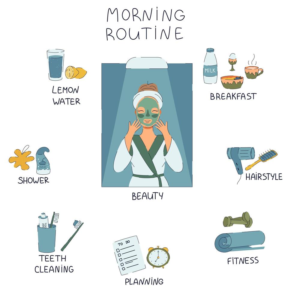 Cute beautiful girl with morning routine elements vector