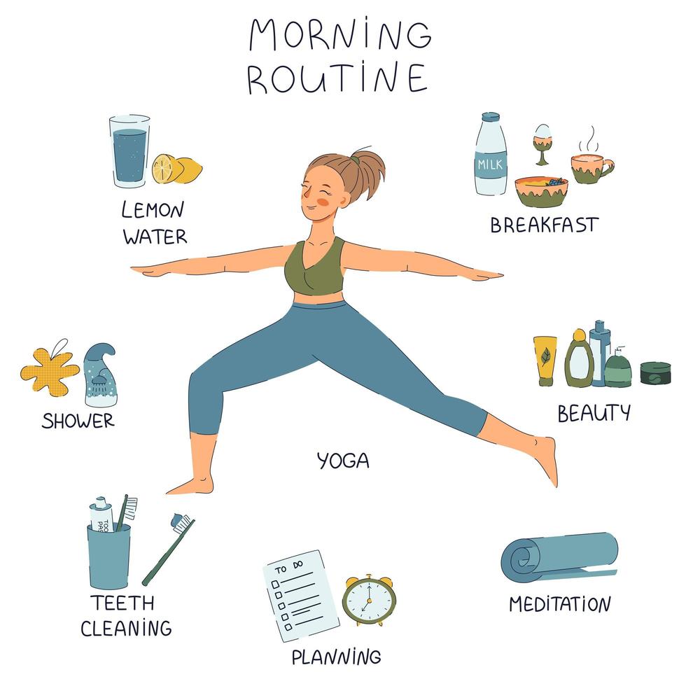 Cute yoga girl with morning routine elements vector