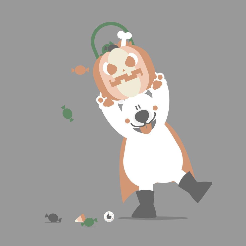 happy halloween holiday festival with polar bear and pumpkin and candy, flat vector illustration cartoon character design