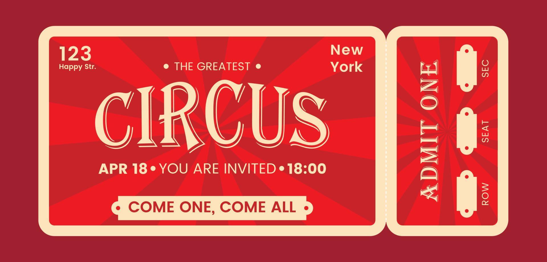 Vintage circus ticket.  Admit one coupon. Illustration of a vintage and retro design circus ticket. Vector circus luxury greeting card illustration.