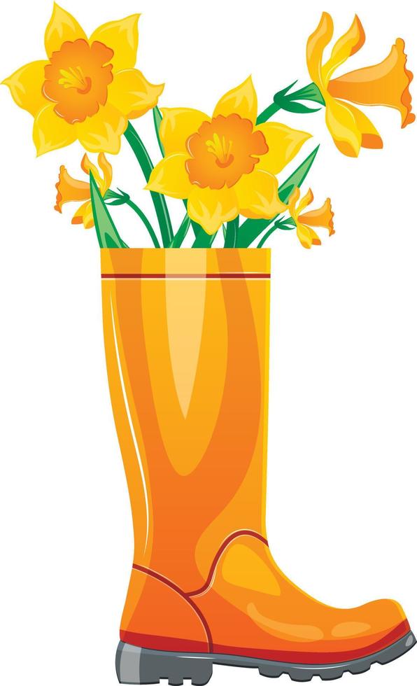 caucho bota con narcisos linda lluvia bota con flor plantas dibujos animados primavera imprimir, tarjeta, póster vector ilustración