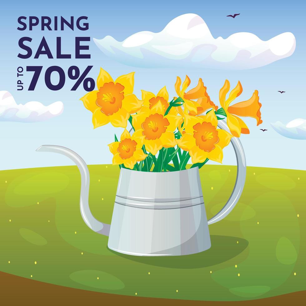 Spring sale banner with daffodils and watering can. Template with colorful flowers and nature for social media card, voucher, wallpaper,flyers, invitation, posters, brochure, banner vector