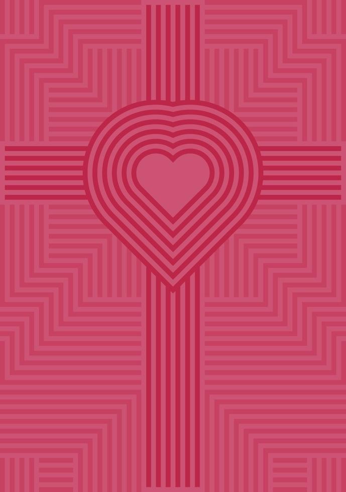 Cross line pattern and red heart shape. Pink geometric background. diagonal stripes perpendicular. Texture element design for banner, card, poster, backdrop, wall. Vector illustration.