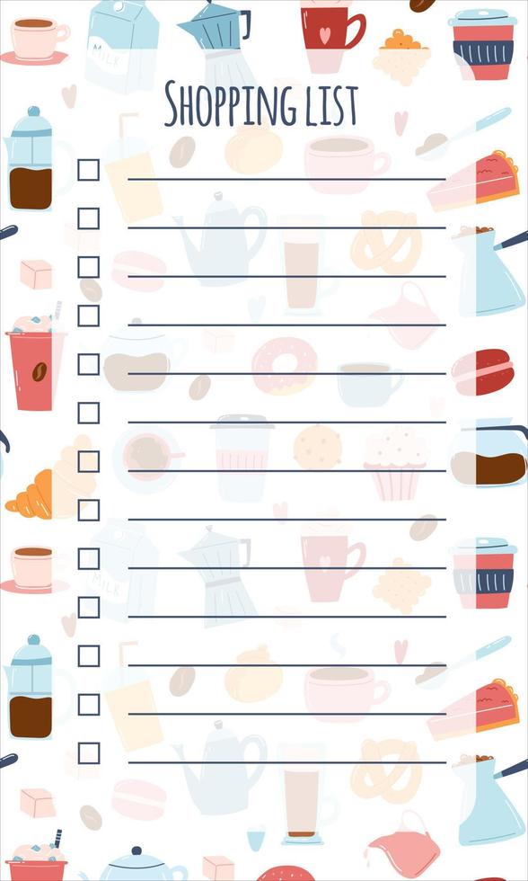 Vector shopping list template with coffee icons background. Memo pages, to do, daily planner.