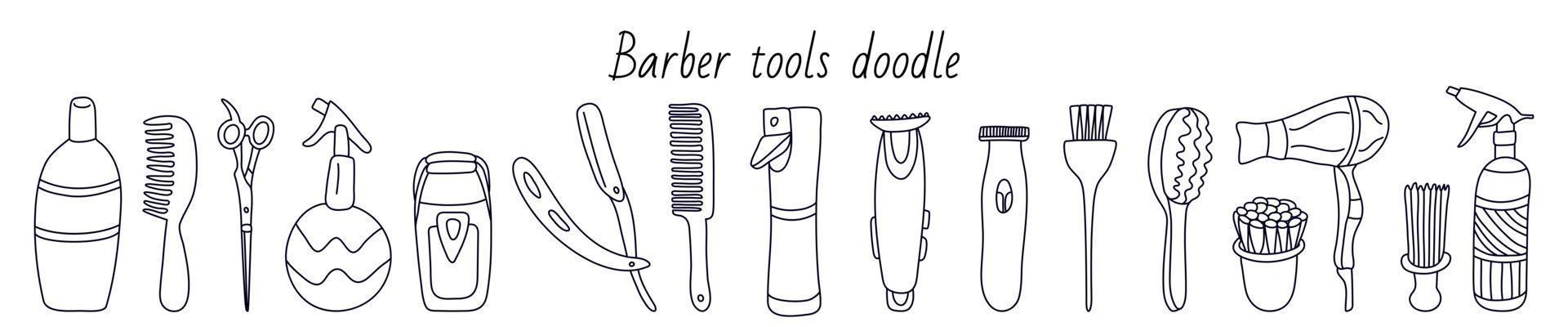 Set with barber tools. Manual razor, flat comb hair, brushes, spray, shaver, trimmer. Hand drawn vector illustration in black ink on white. Isolated outline. Doodle style. Great for barbershops.