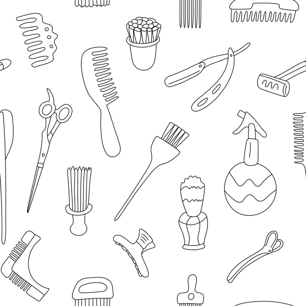Seamless pattern with hairdressing tools. Doodle style illustration in black ink. Great gor barbershop, wrapping papers, wallpapers, covers. Dye brush, comb, dryer, trimmer, clamp, scissors, razor. vector