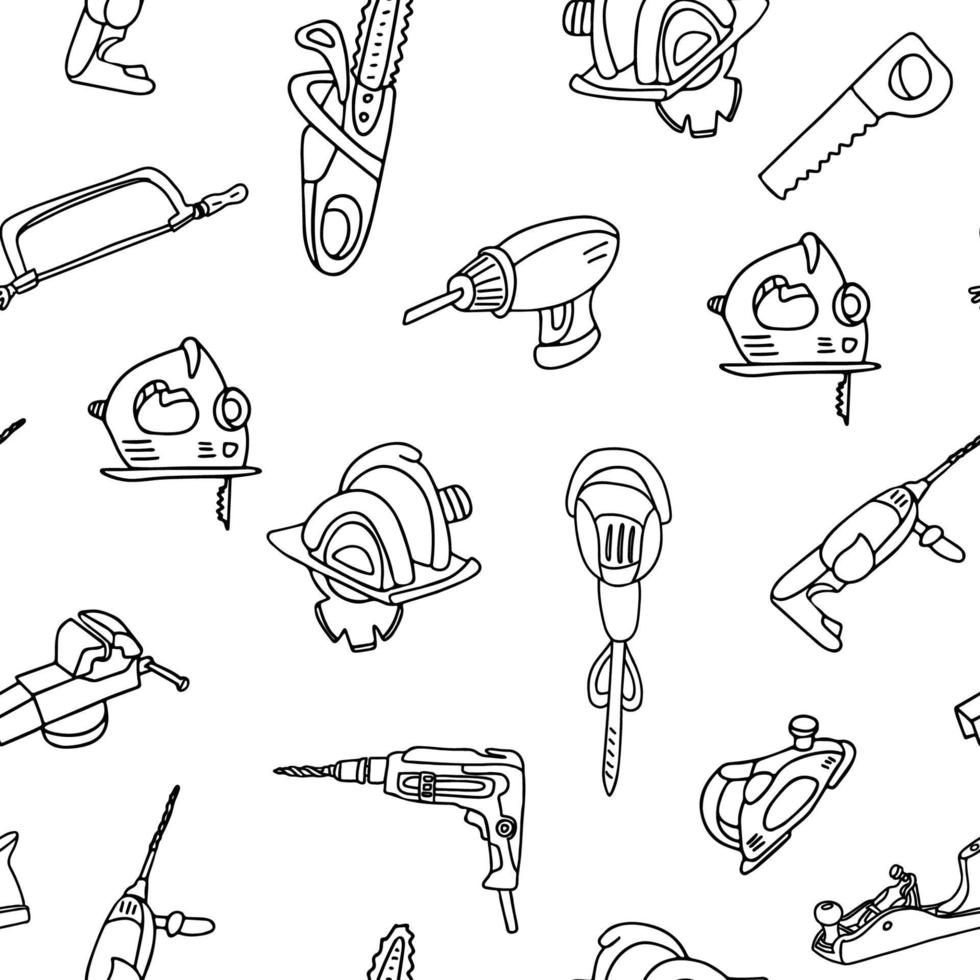 Vector seamless pattern with builder tools. Hammer drill, power saw, chainsaw, electric screwdriver, coping saw, hacksaw. Great for fabrics, wrapping papers, covers. Doodle style, black ink.