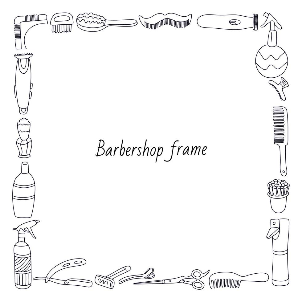 Vector doodle square frame with hairdressing tools. Great for barbershops. Hand drawn illustration black ink isolated on white. Manual razor, comb hair, brushes, spray, shaver, trimmer, scissors.