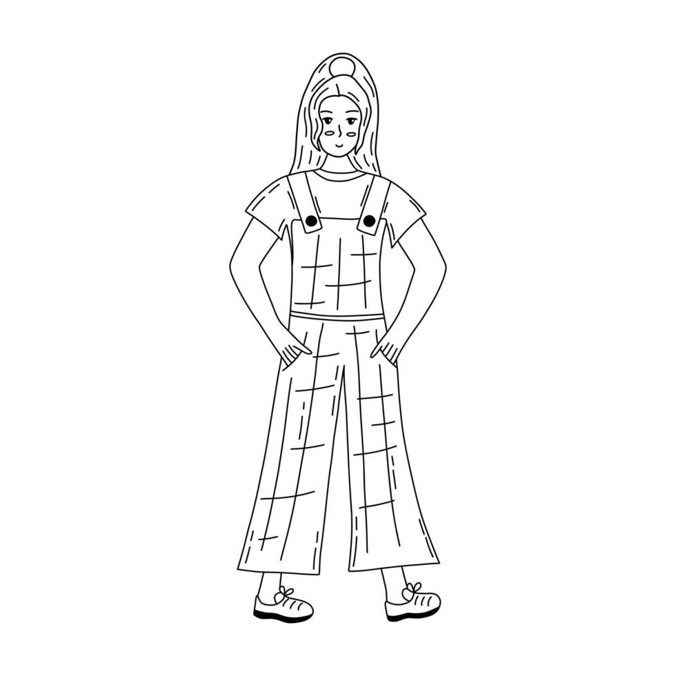 Beautiful stylish girl in overalls. Vector contour