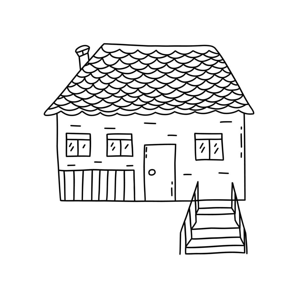 House with a terrace and stairs. Vector doodle