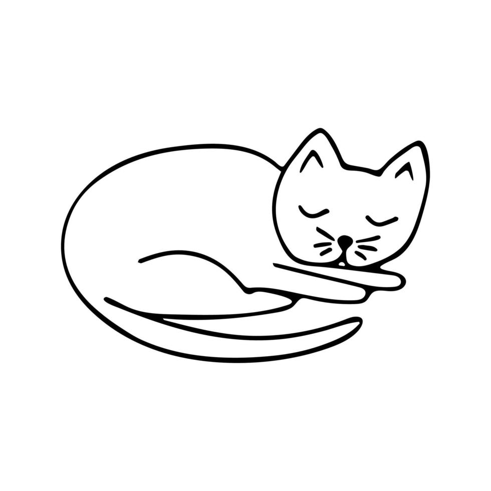 Doodle sleeping cat, black and white illustration vector