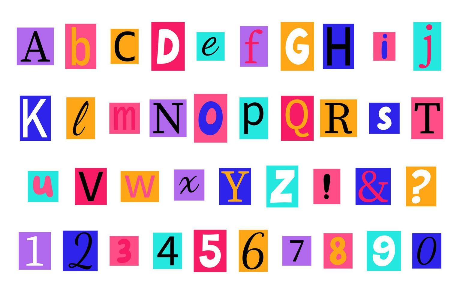 Alphabet in y2k, 90s style. Anonymous colorful letters cut from magazines. vector