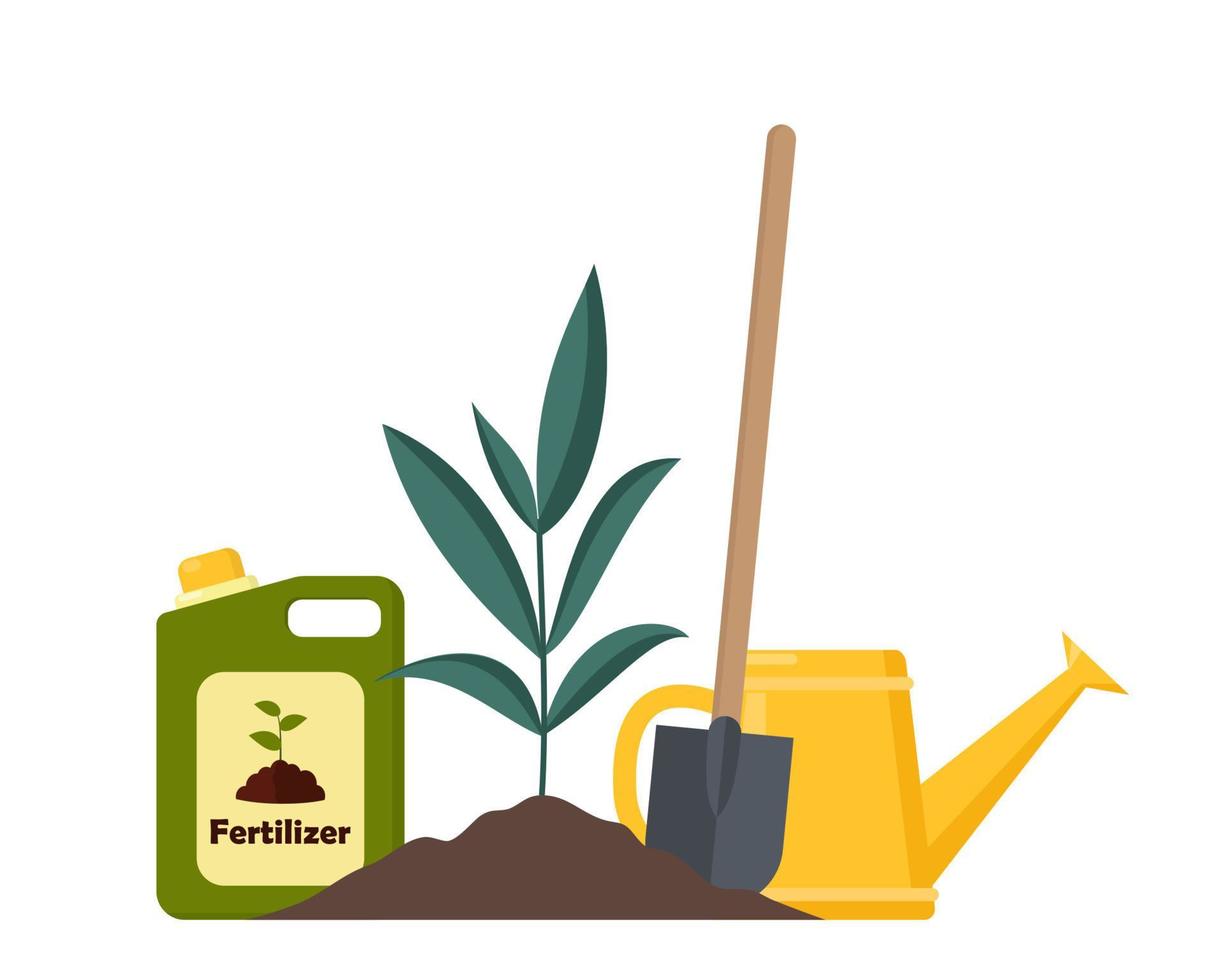 Just planted in the ground sprout and garden tools around. Sprout, shovel, fertilizer and watering can. Vector illustration for agricultural booklets, flyers garden.