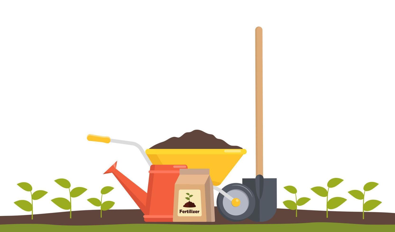 Just planted in the ground sprouts and garden tools around. Seedling fruit tree with shovel, fertilizers and watering can. Illustration for agricultural booklets, flyers garden. vector