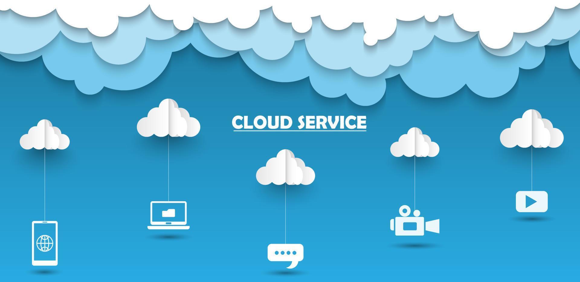 Vector white and blue cloud service paper cut style with shadow, connect from cloud and internet device media and related thing, internet storage and technology concept