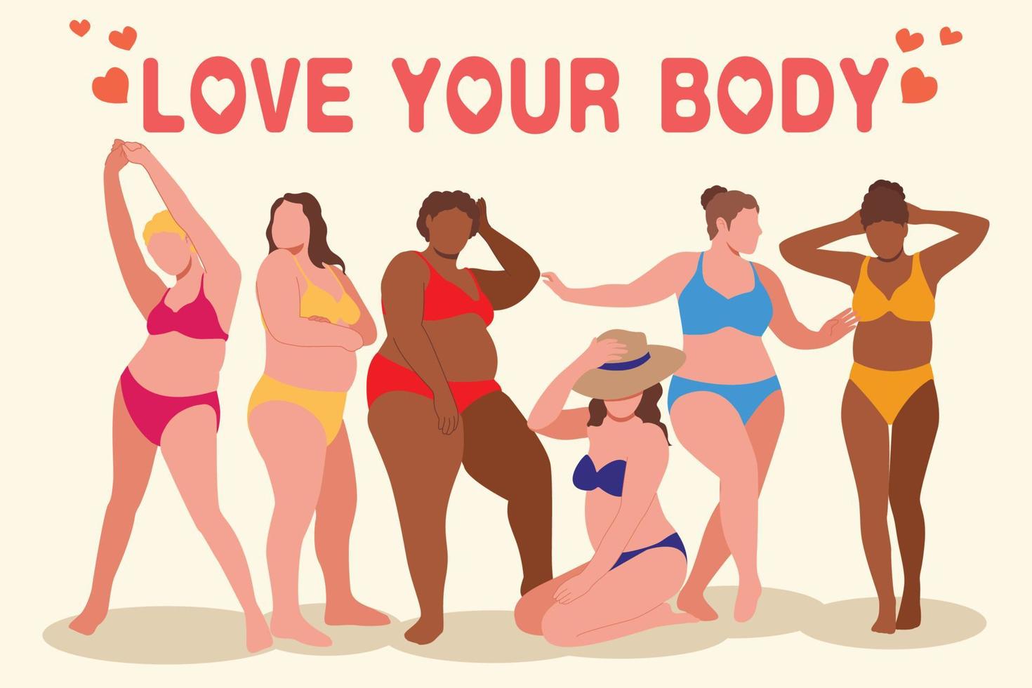 I love my body. Body positive, plus size girl, overweight woman stretching. For Fat acceptance movement, curvy girl in swimwear, bathing suits. Vector illustration.