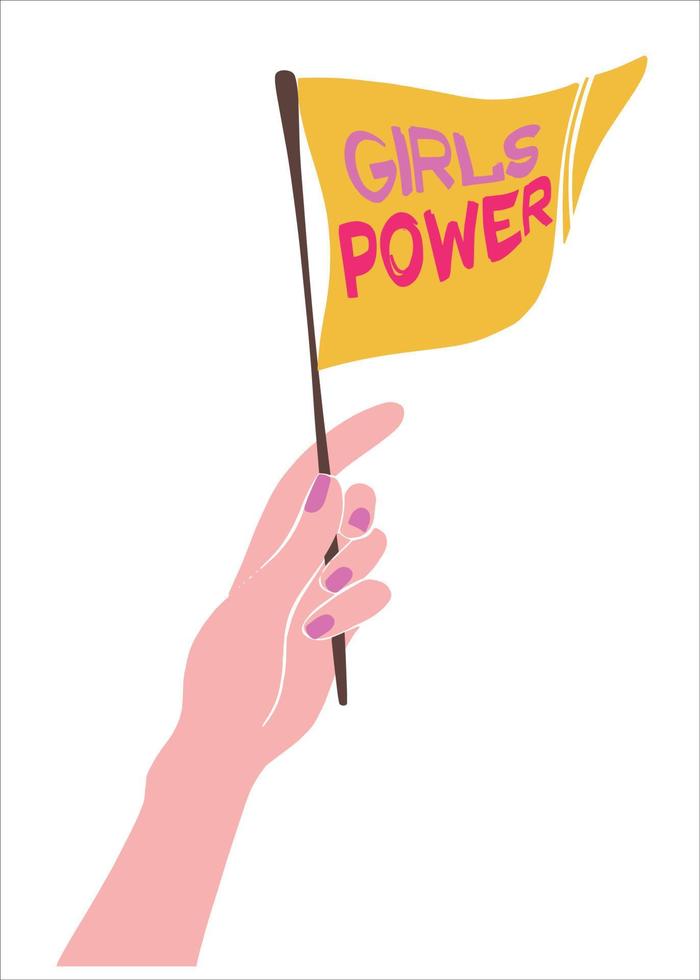 The hand of a young girl with a manicure holds a flag with the inscription girl power. Festive inscription for International Women's Day. Equality and sisterhood. Vector simple illustration.
