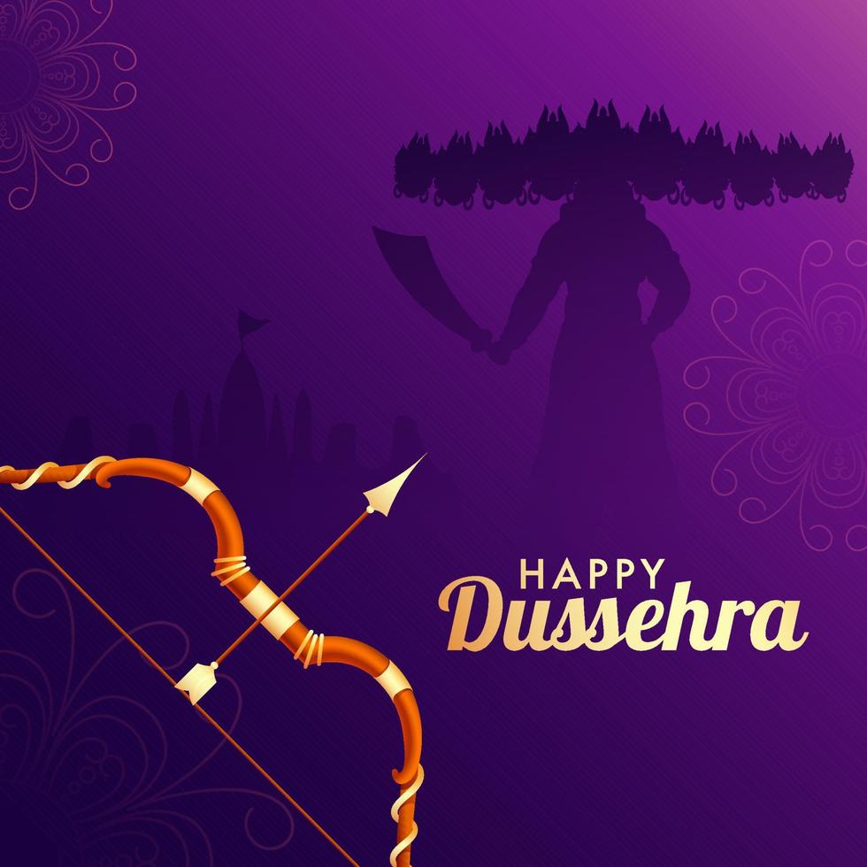 Happy Dussehra Poster Design with Archery Or Bow and Silhouette Demon Ravana Holding Sword on Purple Background. vector