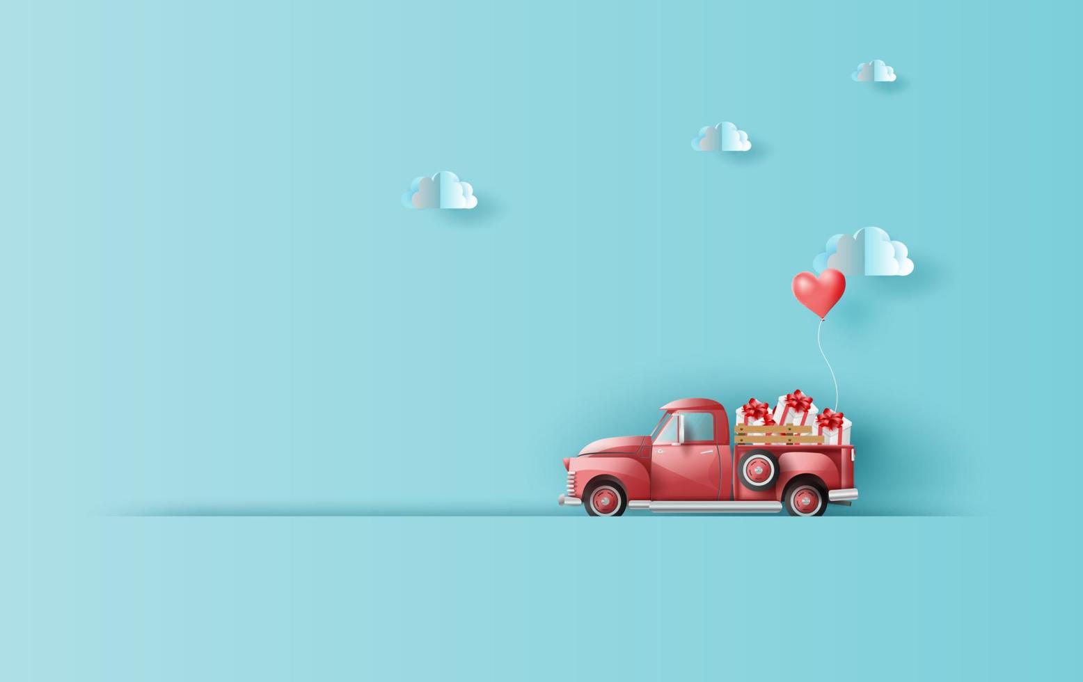 papel Arte y arte de ilustración viaje en fiesta con rojo clásico recoger camión coche, antiguo recoger camión por globo regalo caja para pastel color fondo festival período de celebracion vector. vector