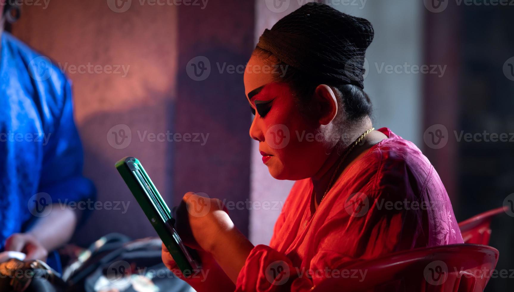 Male and female Chinese opera actors, Sit and make up to be the typical color of the show as the protagonist. photo