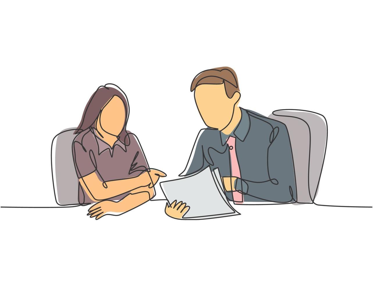 One single line drawing of two young male and female worker holding a paper and discussing about work together at the office. Job discussion concept continuous line draw design vector illustration