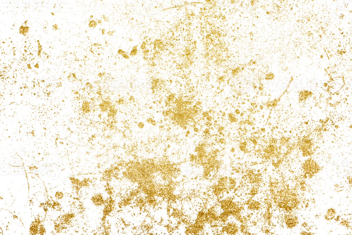 Gold splashes Texture. Grunge golden background pattern of cracks, scuffs, chips, stains, ink spots, lines on transparent background PNG file