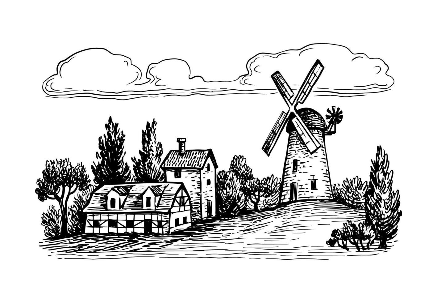 Landscape with old tower mill. Hand drawn ink sketch. vector
