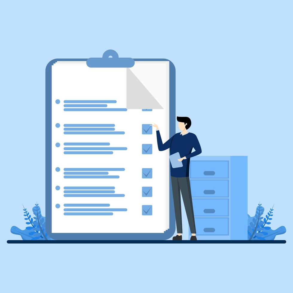 Complete work concept, work report with check mark, work checklist, Employee is checking report accuracy, Mark properly after verification, flat design vector illustration
