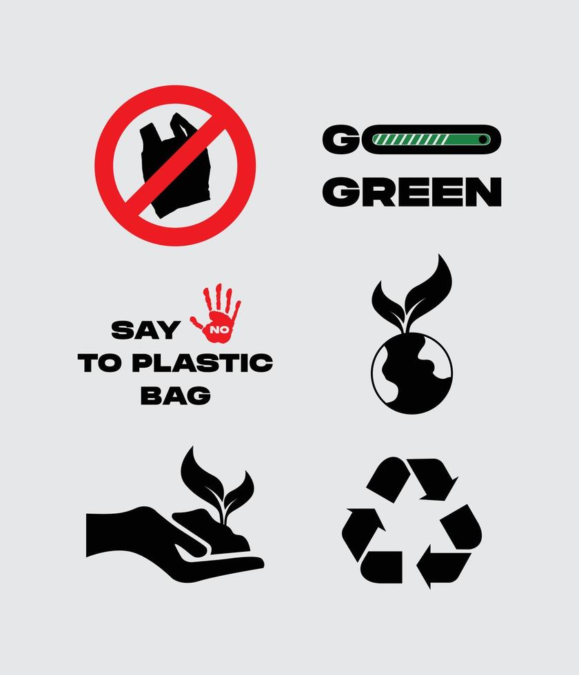 Vamos verde sustentabilidad icono conjunto símbolo eco simpático relacionado ambiental No el plastico bolso para nuestra tierra vector