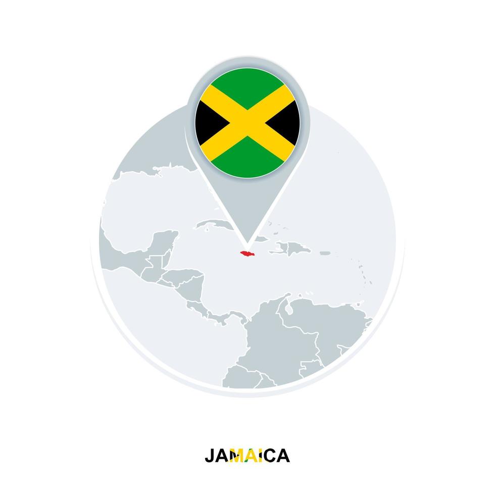 Jamaica map and flag, vector map icon with highlighted Jamaica