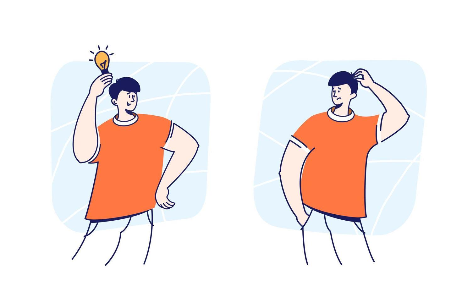Pensive confused man doubting, puzzeled man thinking and scratching his head and happy man with an idea holding light bulb, found a solution. Flat modern vector illustration set on white background.