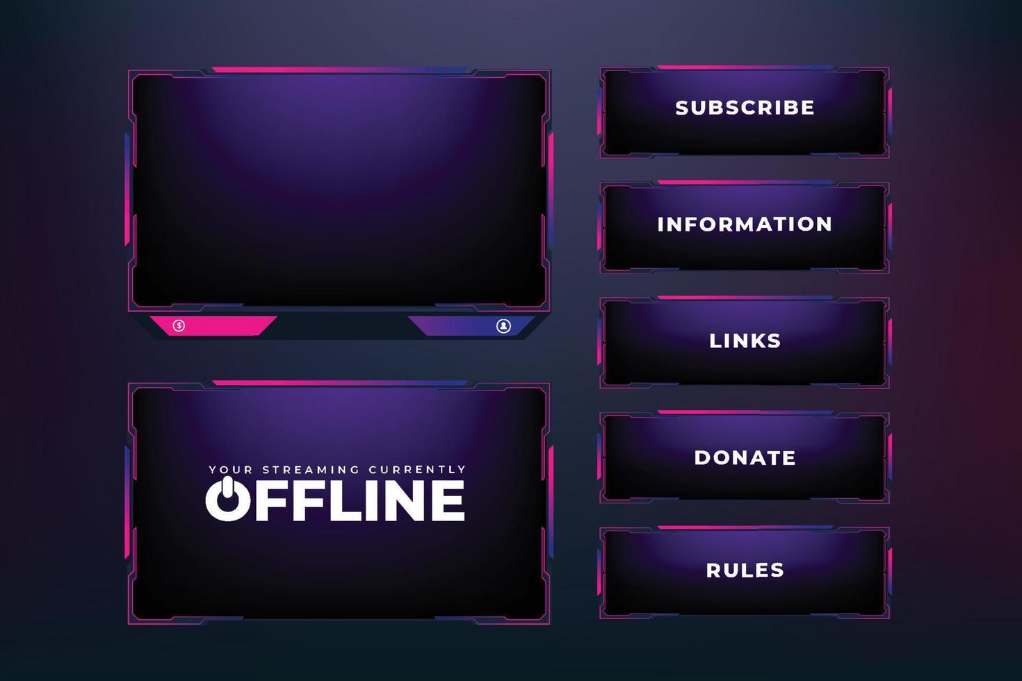 Futuristic display interface and broadcast overlay design on a dark background. Modern screen interface and frame decoration for online gamers. Streaming screen panel and gaming overlay vector. vector