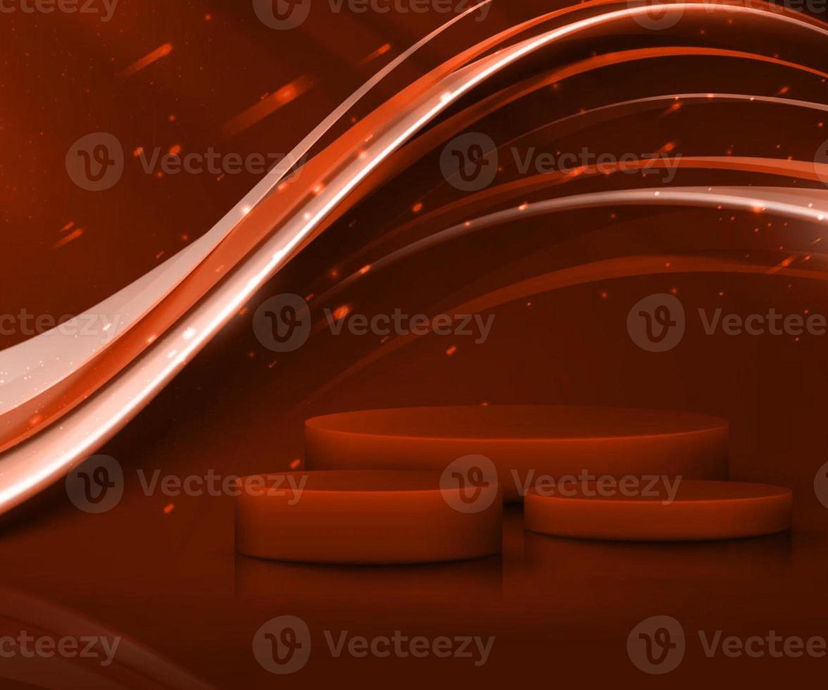 3d red brown orange color podium with ribbon elements and gold lines with glitter light effect decoration and-bokeh photo