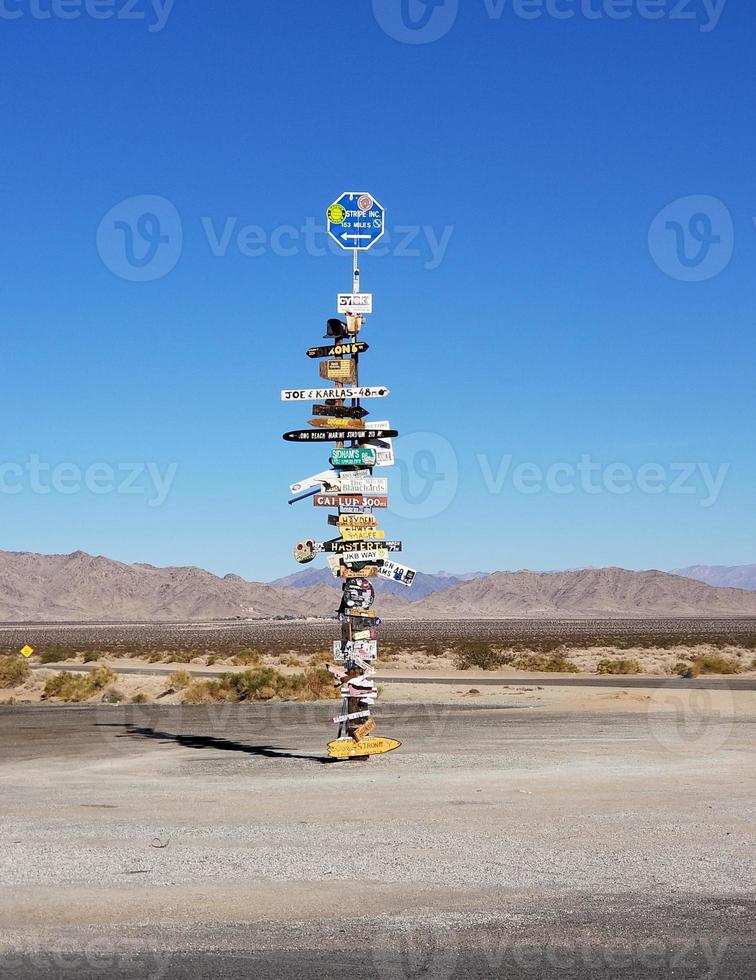 Lone desert directional sign with shades of brown landscapeand blue skies photo