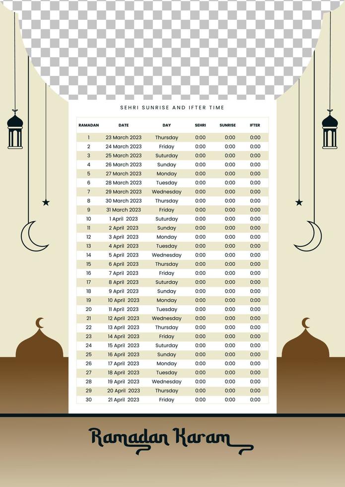 webramadan hora calendario tema 2023 modelo. Ramadán calendario, Ramadán linterna, Ramadán cúpula, mezquita abu dhabi, Ramadán modelo. vector