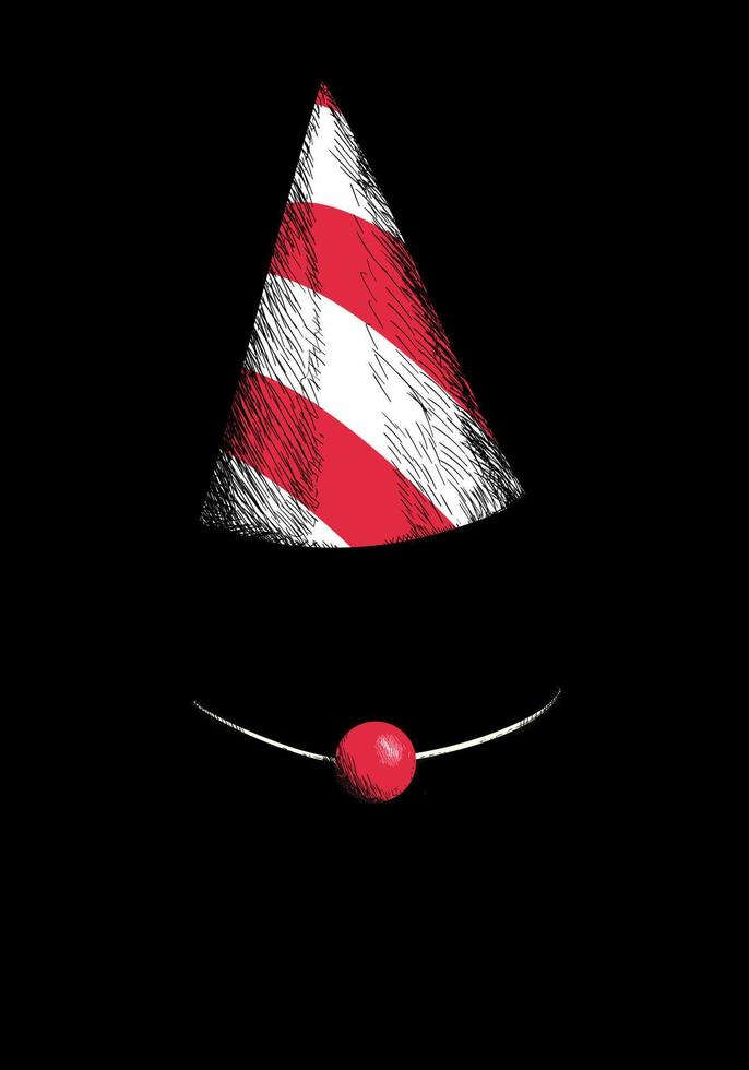 vector illustration of a paper hat and clown nose on a dark background..