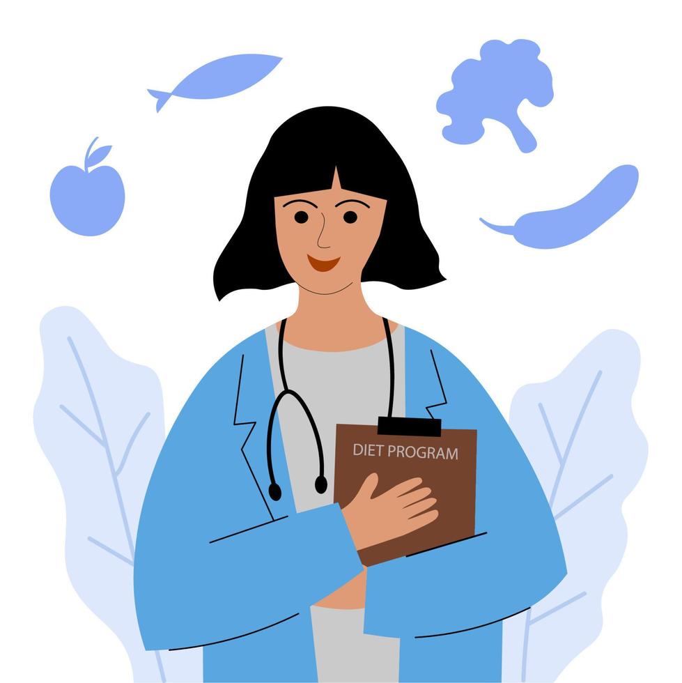 Dietitian or nutritionist. Woman doctor in a medical coat with vegetables, fruits, fish, food. Dietitian online service or platform. Online course. Nutrition recommendations. Flat vector illustration