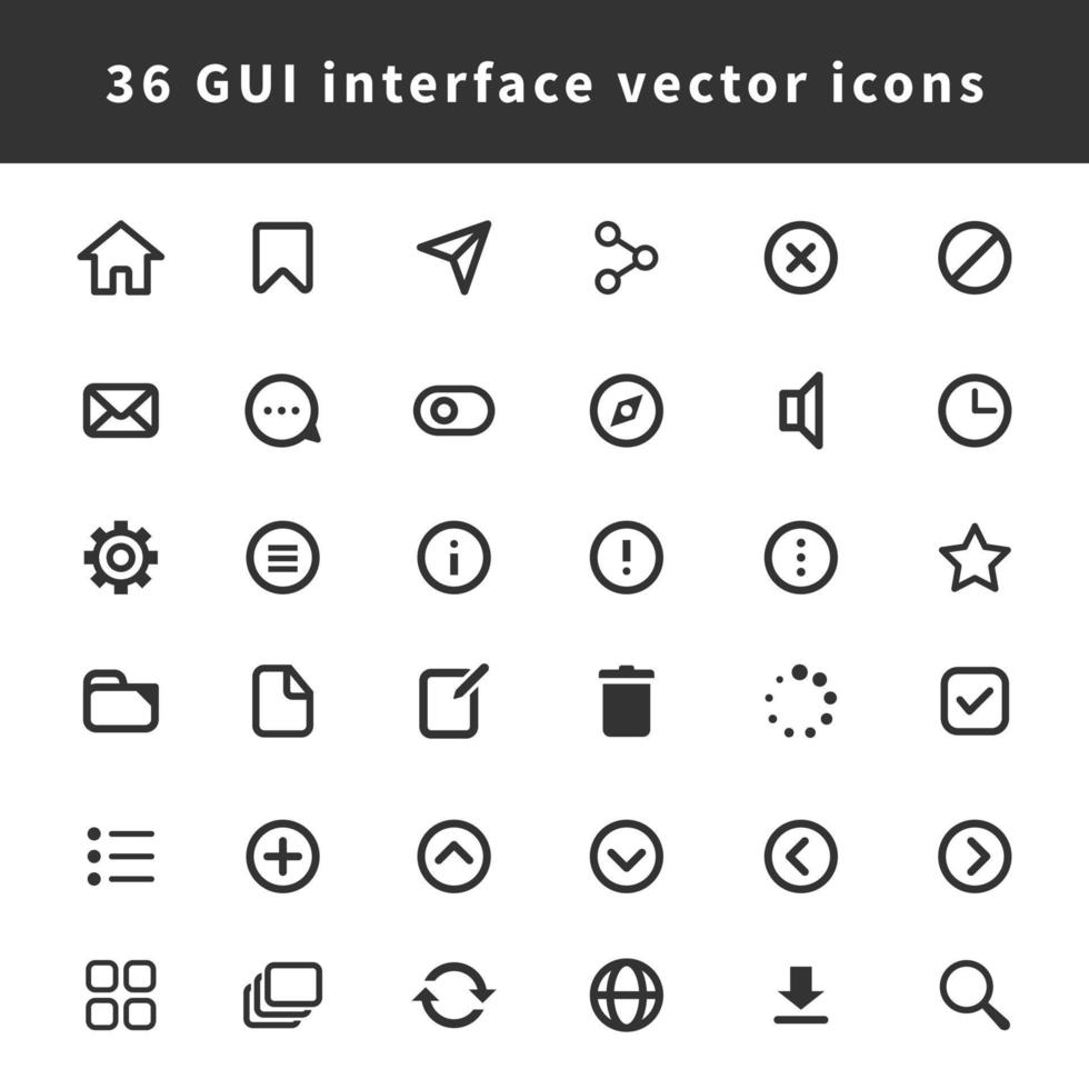 Gui interface free icons set for windows mac apps isolated on white background. Set of 36 clean minimal icons for software developer, programmer, web developer, mobile apps, web icons. Free icons set. vector