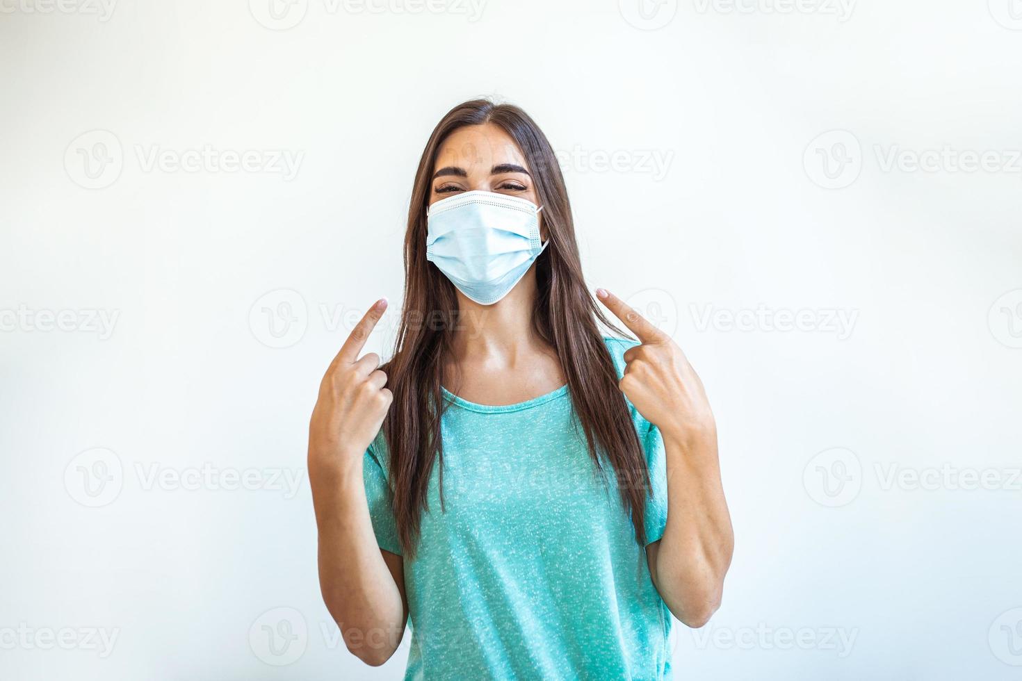 Woman with a medical disposable mask to avoid contagious viruses, Pointing fingerst to mask. Corona virus prevention. Concept of coronavirus quarantine. Attention photo