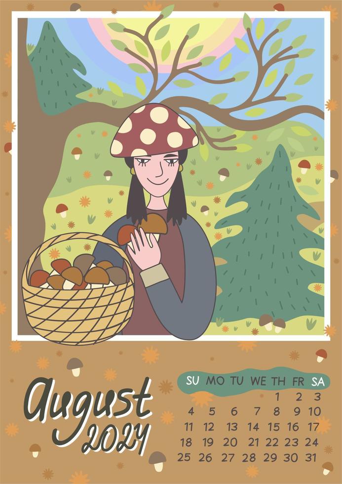 August 2024. Calendar A4, A3. Week starts on Sunday, vector illustration  with cute little girl gathering mushrooms in the forest. 21637492 Vector  Art at Vecteezy