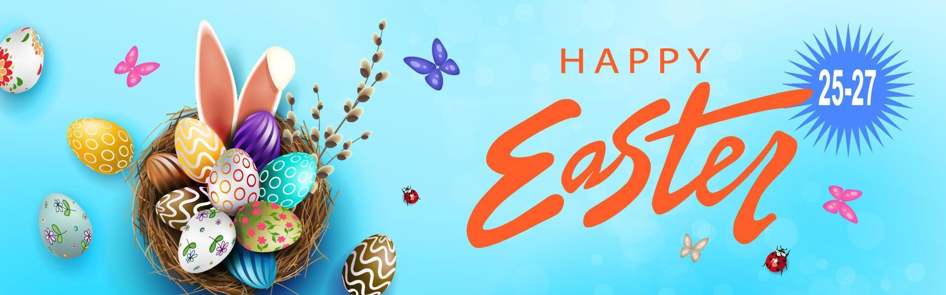 Easter blue illustration, eggs in a basket with a beautiful pattern, bunny ears, butterflies and beetles. vector