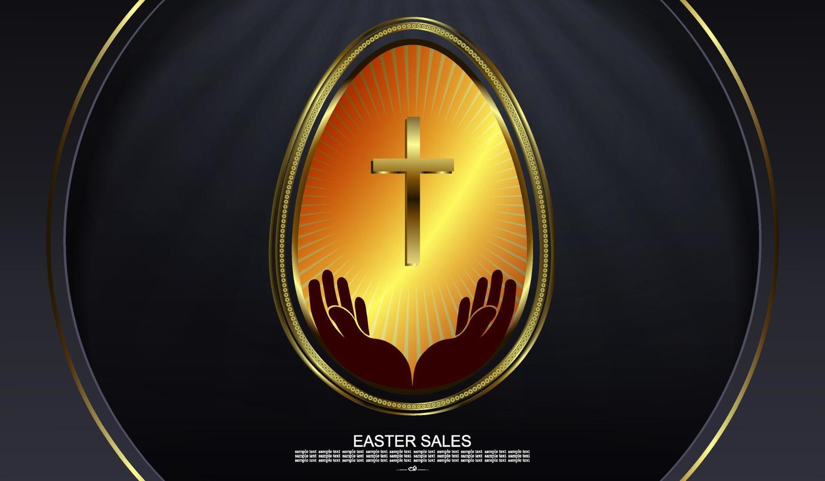 Easter black design with arcs, abstract egg with gold border, cross and hands. vector
