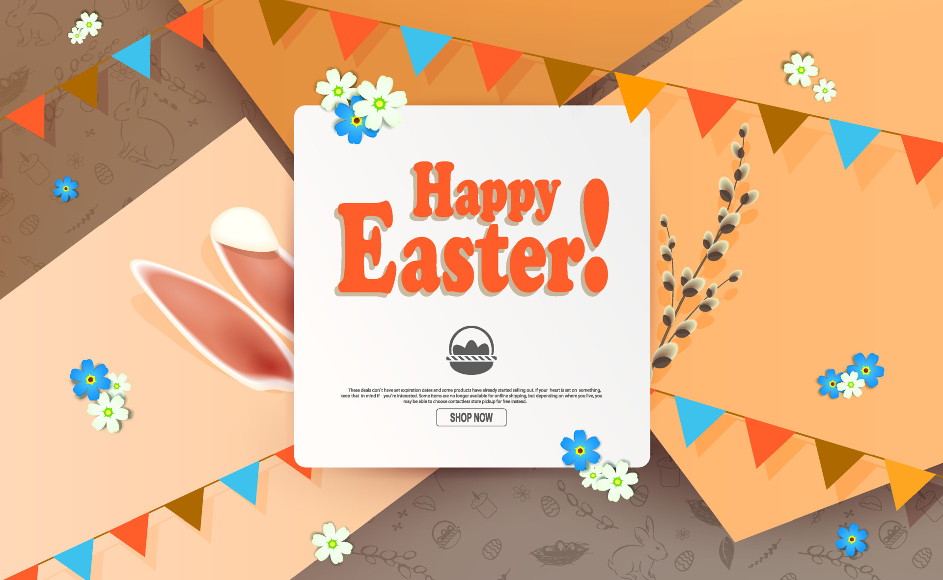 Illustration with a square frame, rabbit ears, a willow twig, slanting