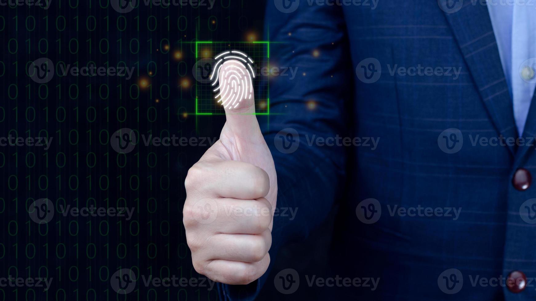 Businessman scanning fingerprint, Biometric identity and authorization futuristic concept of password security and control through fingerprint in future, Lmmersive and cybernetic technology photo