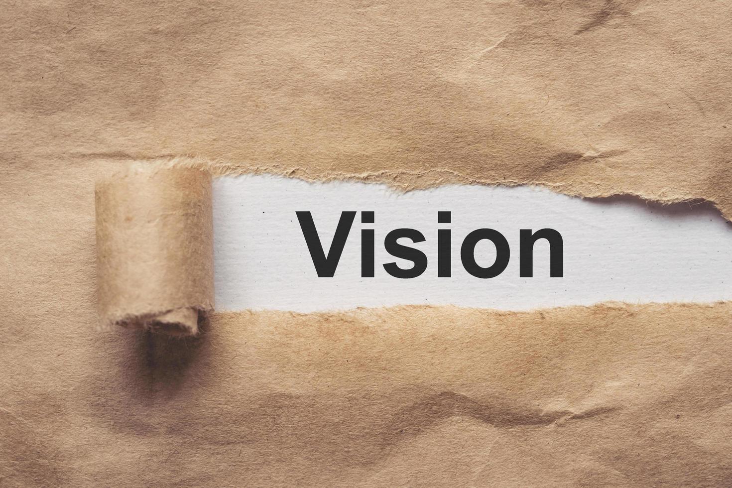 Business and finance. Torn brown paper on a red background, the text -VISION. photo