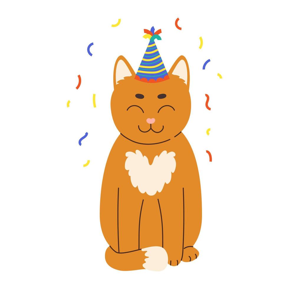 Cute ginger cat in a festive cap and a serpentine. Pet celebrates a birthday. Flat vector illustration
